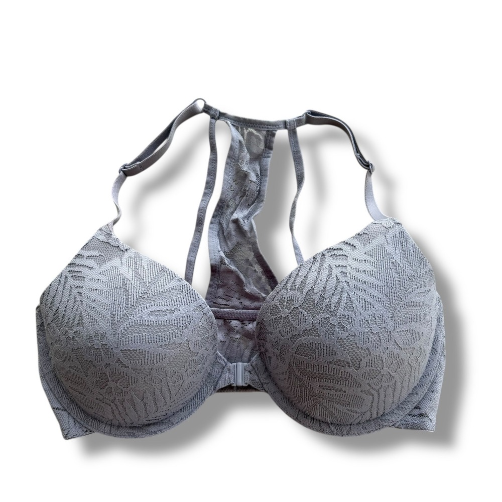 Victoria's Secret PINK 32D Dusty Lt Blue Lace Palm Front Clasp Lightly Lined Bra